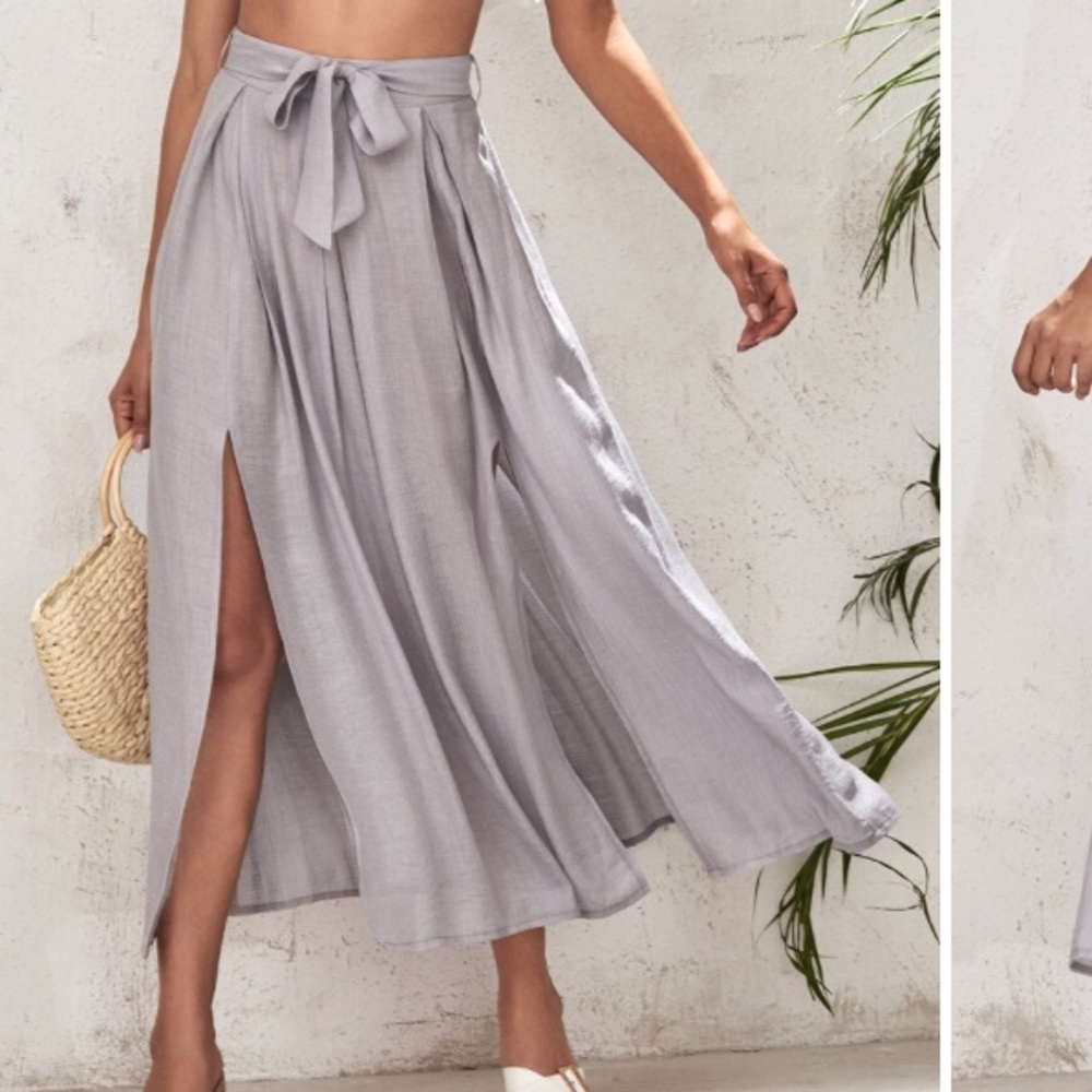 Lavender slit thigh belted solid skirt